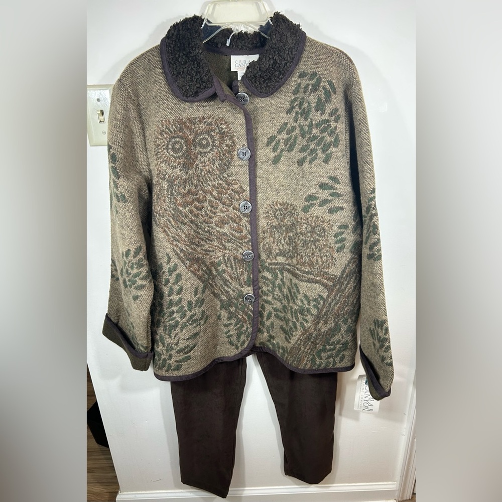 Cedar Canyon Owl Cardigan & Pant SET Women’s M 12‎ Wool Blend Nature Classic USA